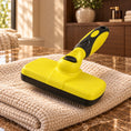Cargar la imagen en la vista de la galería, Yellow and black self-cleaning pet slicker brush on a towel over brown marble in a walnut dressing room.
