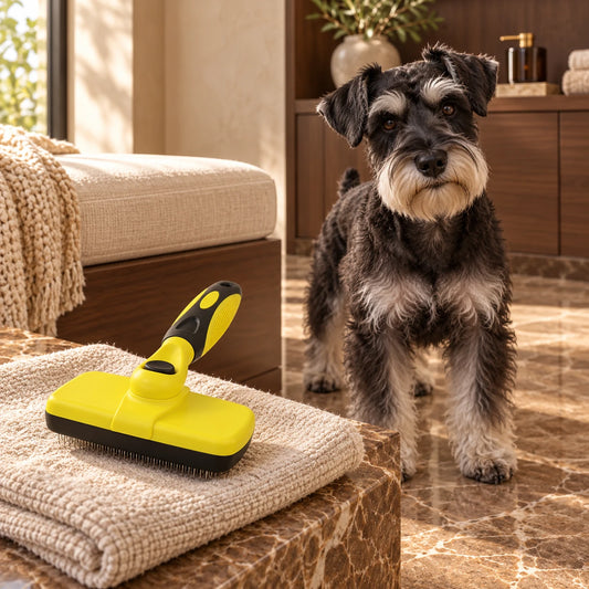 Black-and-silver miniature schnauzer beside a yellow slicker brush on a towel-covered brown marble surface.