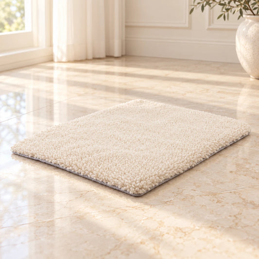 Ivory fleece pet blanket mat on pale beige marble