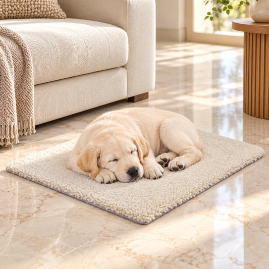 Small puppy resting on the 64 × 49 cm fleece pet blanket mat