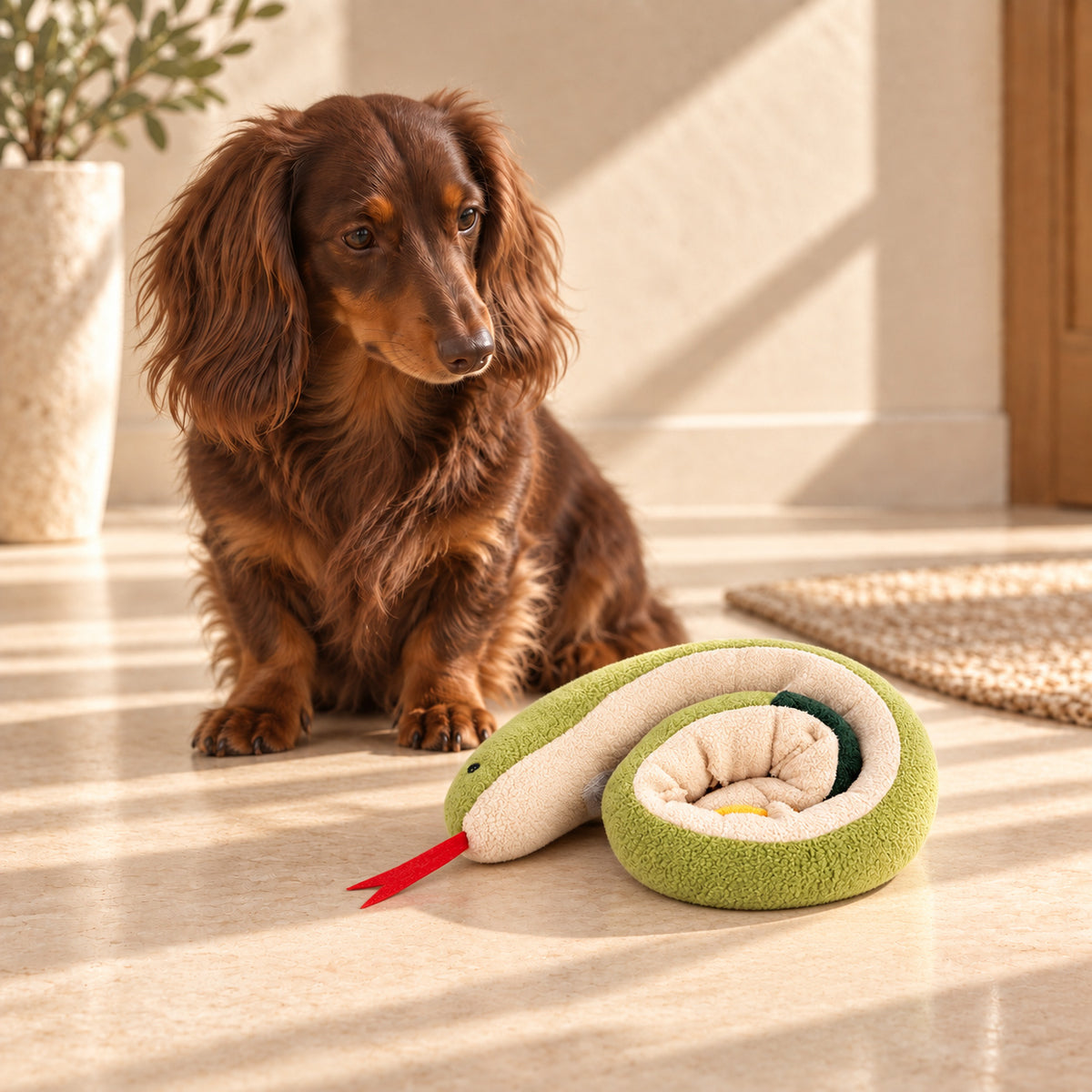 Chocolate dachshund beside a coiled green fleece snake snuffle toy