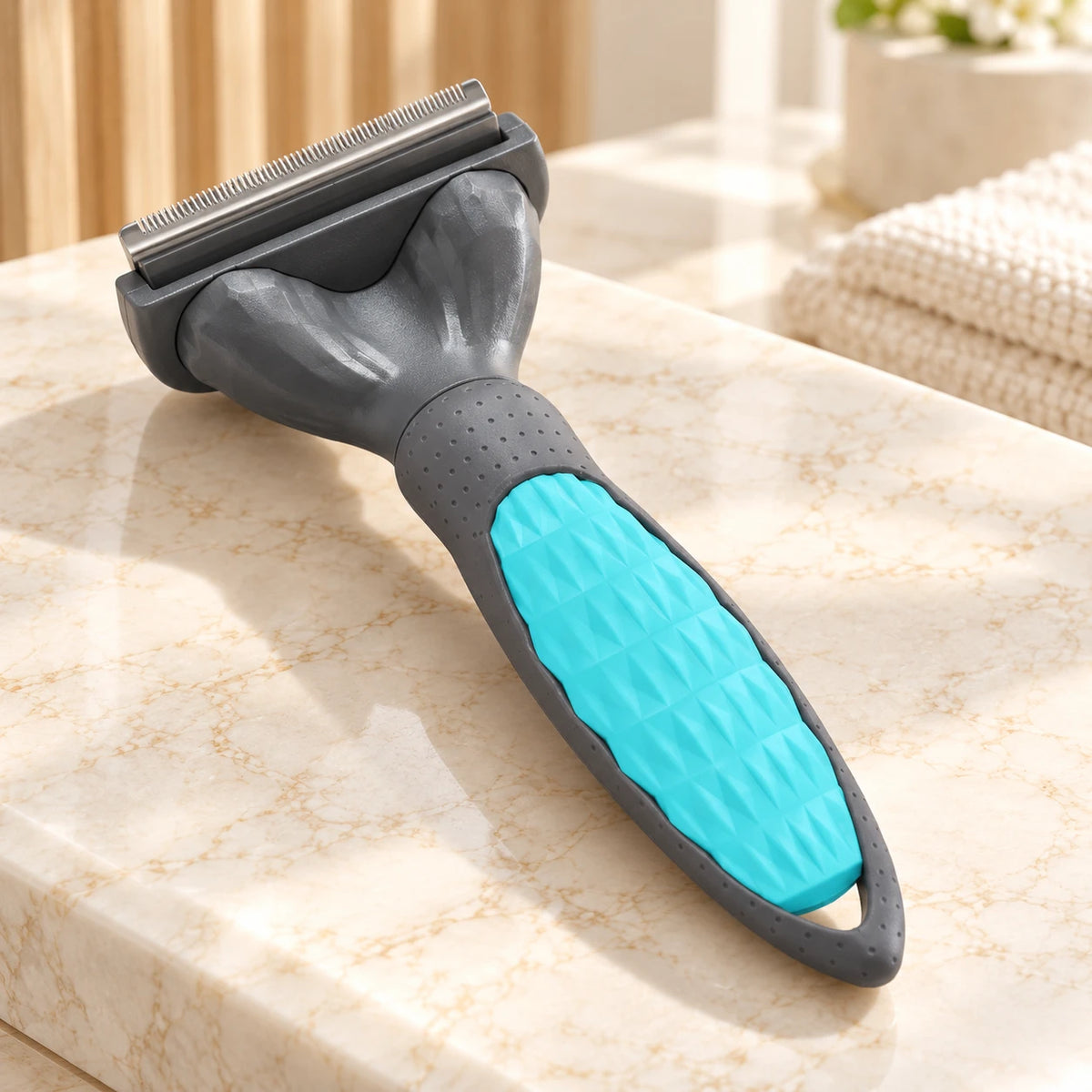 Grey pet grooming comb with turquoise grip and stainless steel teeth on ivory marble