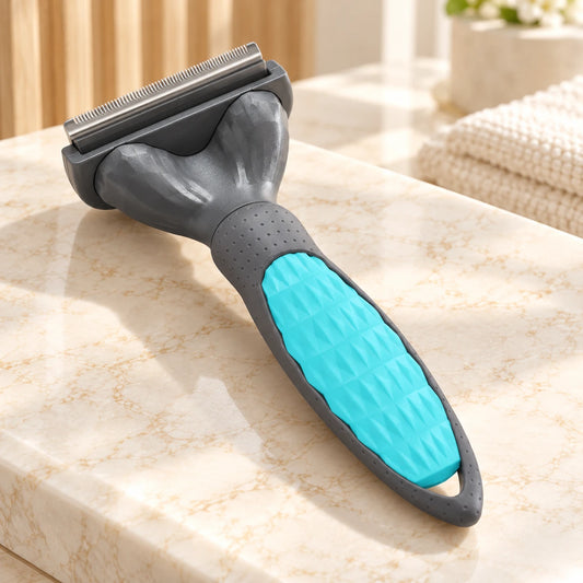 Grey pet grooming comb with turquoise grip and stainless steel teeth on ivory marble