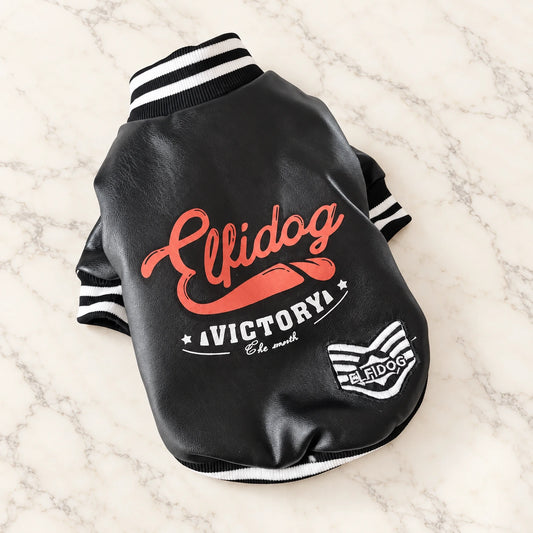 Faux Leather Varsity Dog Jacket on pale ivory marble — black