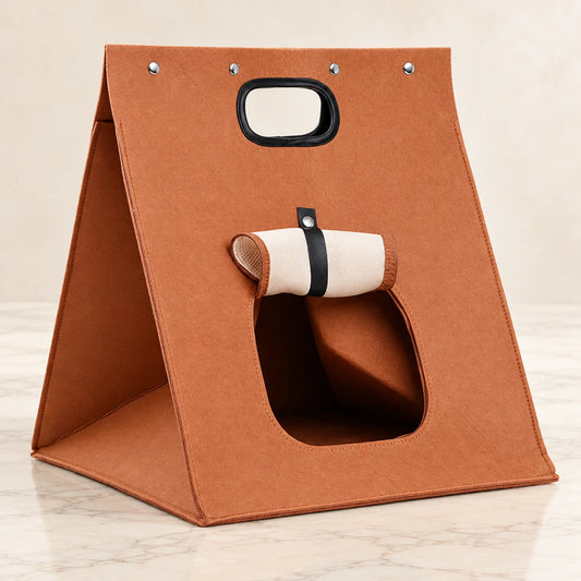 Foldable Felt Cat Cave on pale ivory marble — brown