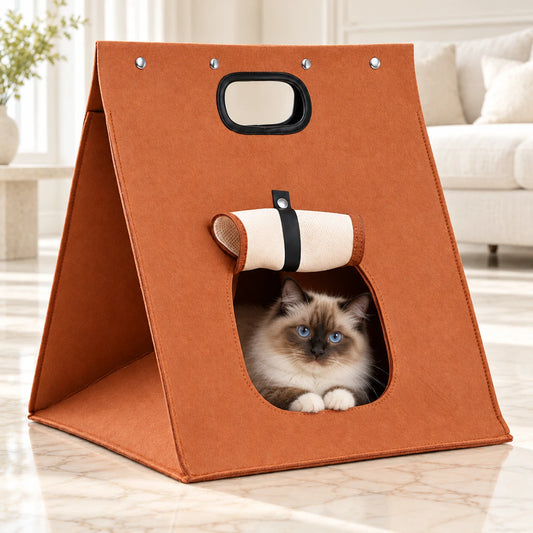 Foldable Felt Cat Cave shown in use by a cat in a light interior