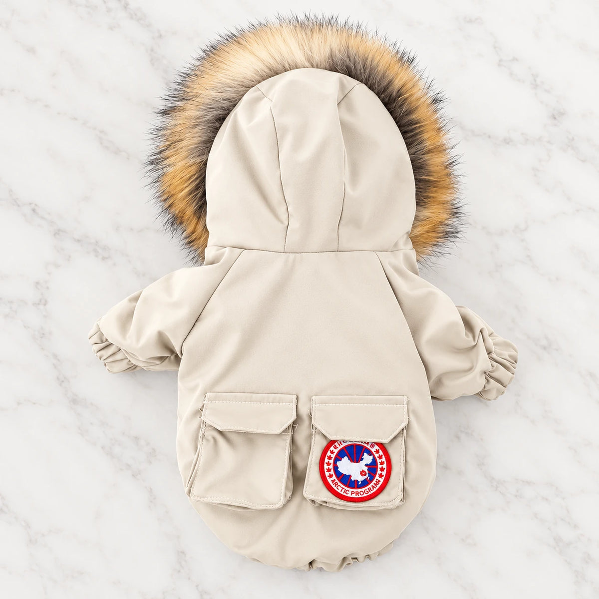 Hooded Puffer Dog Coat on pale ivory marble — light beige