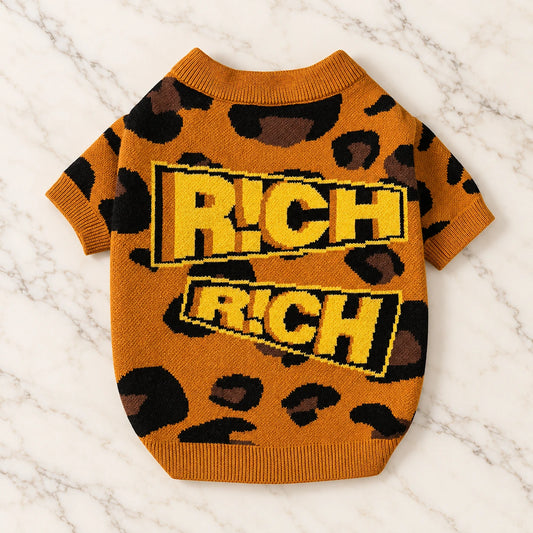 Leopard Print Knit Pet Sweater on pale ivory marble — brown