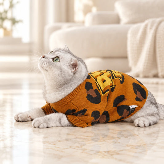 Leopard Print Knit Pet Sweater shown in use by a cat in a light interior