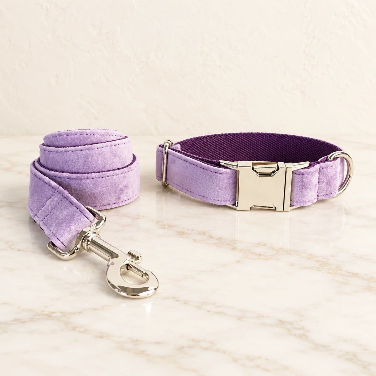 Lilac velvet dog collar and matching lead