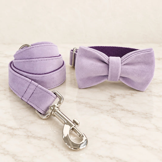 Lilac velvet dog collar with bow tie and matching lead