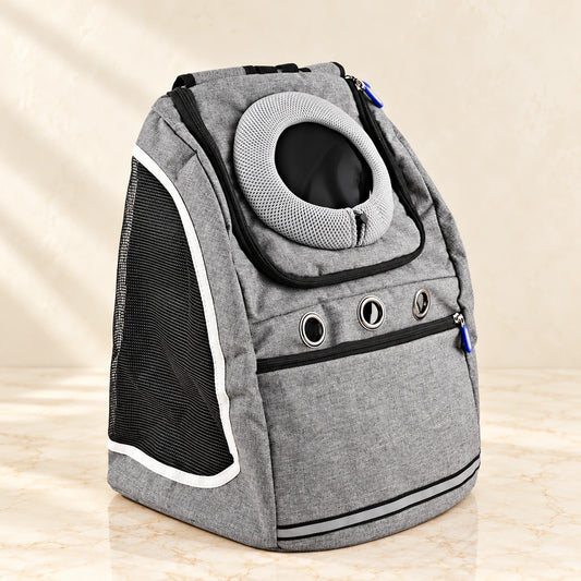 Mesh Pet Backpack Carrier on pale ivory marble — grey
