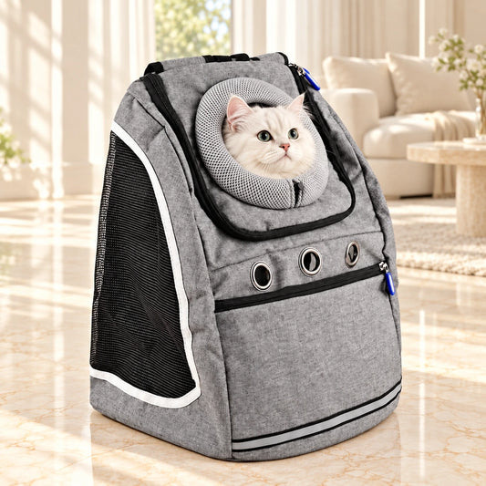 Mesh Pet Backpack Carrier shown in use by a cat in a light interior