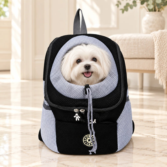 Mesh Pet Carrier Backpack shown in use by a dog in a light interior