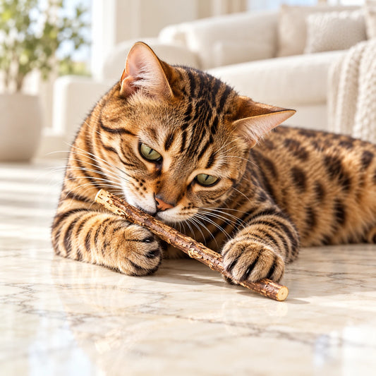 Natural Matatabi Cat Chew Sticks shown in use by a cat in a light interior