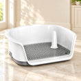 Load image into Gallery viewer, White and grey dog toilet tray with curved splashguard, perforated grate and pee post
