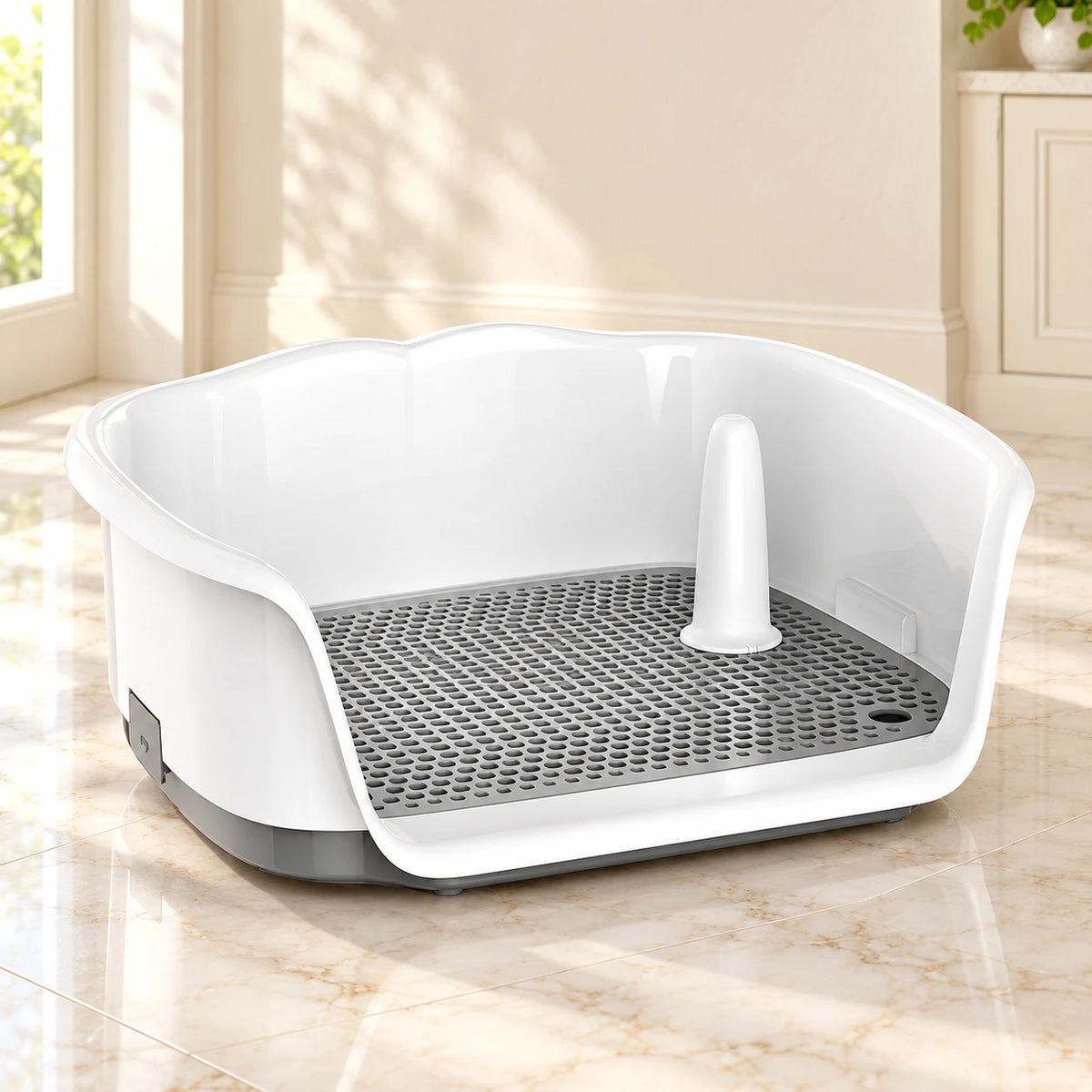 White and grey dog toilet tray with curved splashguard, perforated grate and pee post