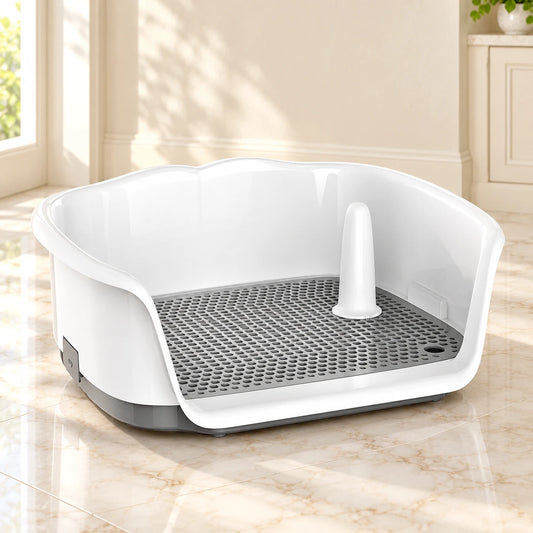 White and grey dog toilet tray with curved splashguard, perforated grate and pee post