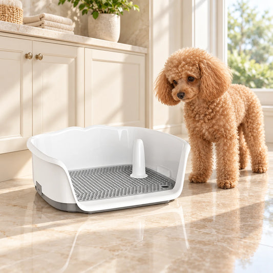 Apricot miniature poodle beside white and grey dog toilet tray with splashguard and post