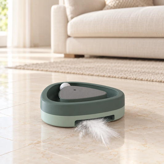 Green triangle cat track toy with white ball and feather on beige marble