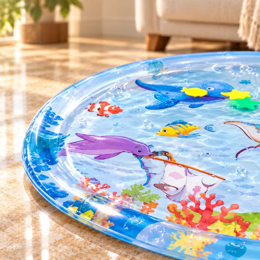 Close-up of the blue water play mat rim, ocean illustrations and enclosed floating shapes.