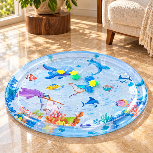 Round blue ocean-print water-fill cat play mat on caramel stone in a sunlit conservatory.