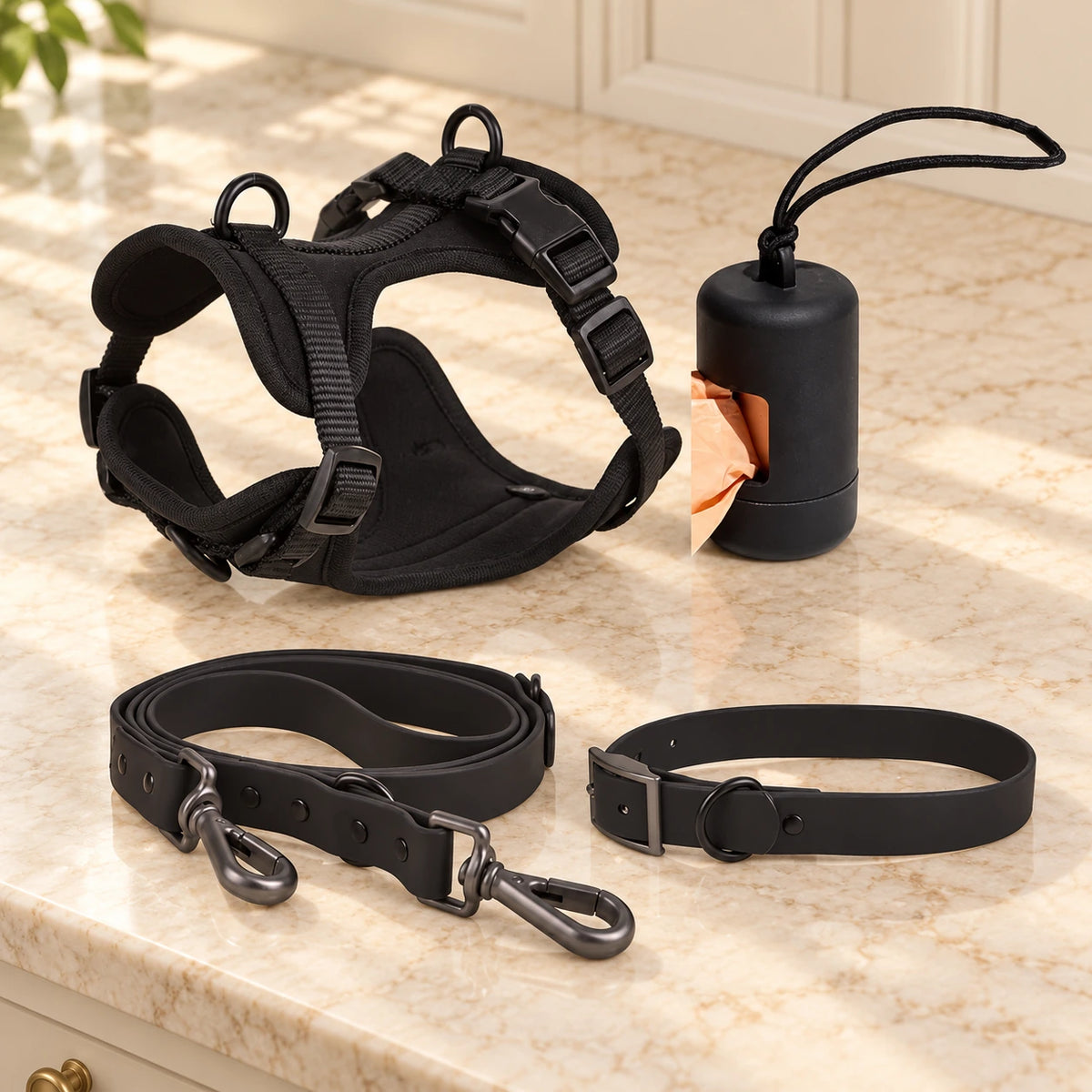 Black dog harness, collar, lead and bag holder arranged on beige marble