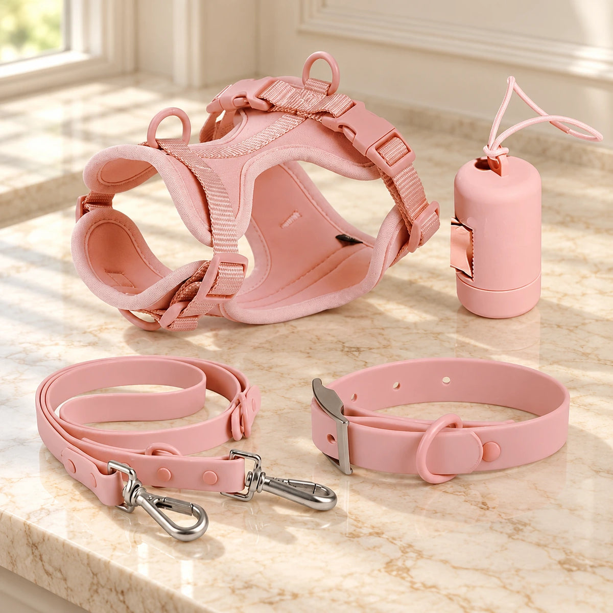 Pink dog harness, collar, lead and bag holder arranged on beige marble