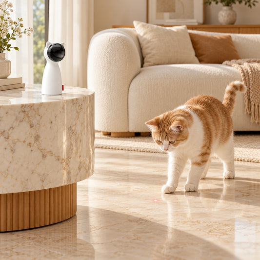 White automatic cat laser toy on a cream marble side table with a ginger-and-white cat watching a red dot on the floor