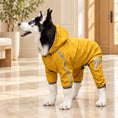 Charger l'image dans la visionneuse de la galerie, Dog wearing a yellow four-leg hooded raincoat in a cream entryway
