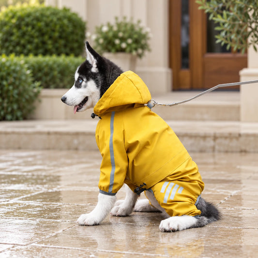 Dog wearing a yellow hooded raincoat on a stone terrace